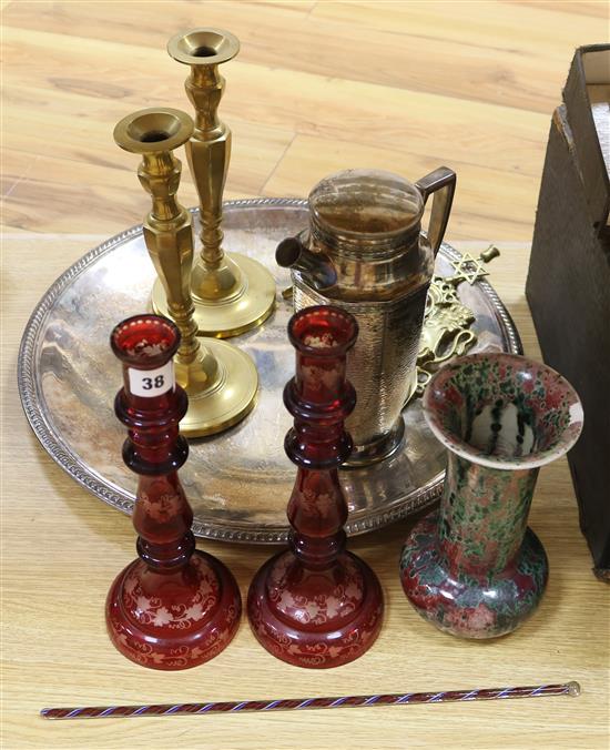 Victorian overlaid glass candlesticks, Ruskin vase, tray etc